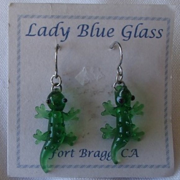 Mouth Blown Glass Gecko Lizard Earrings Handcrafted Fort Bragg CA USA - Picture 1 of 10